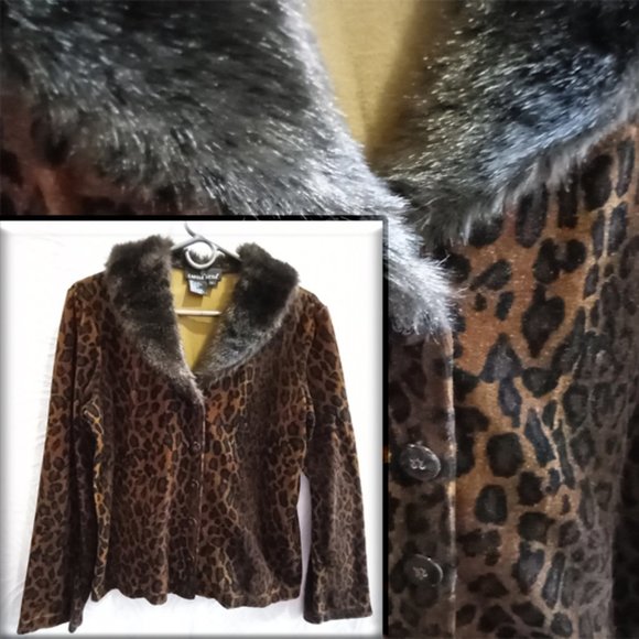 Carole Little Animal Print W/Faux Fur Collar Shirt Jacket Size LG (T-201) - Picture 1 of 9